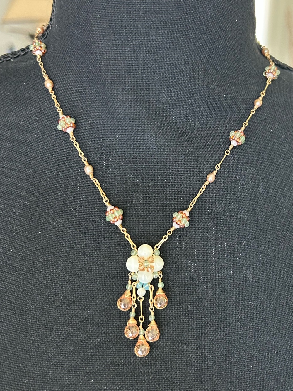 Authentic Miguel Ases Beaded Floral Cluster Chandelier Necklace